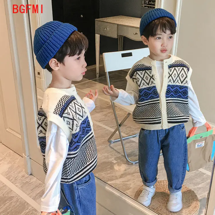 1-10Y 어린이 싱글 브레스트 조끼 스웨터 코튼 조끼 소년 민소매 스웨터 키즈 소년 o-넥 풀오버 뜨개질 조끼 코트