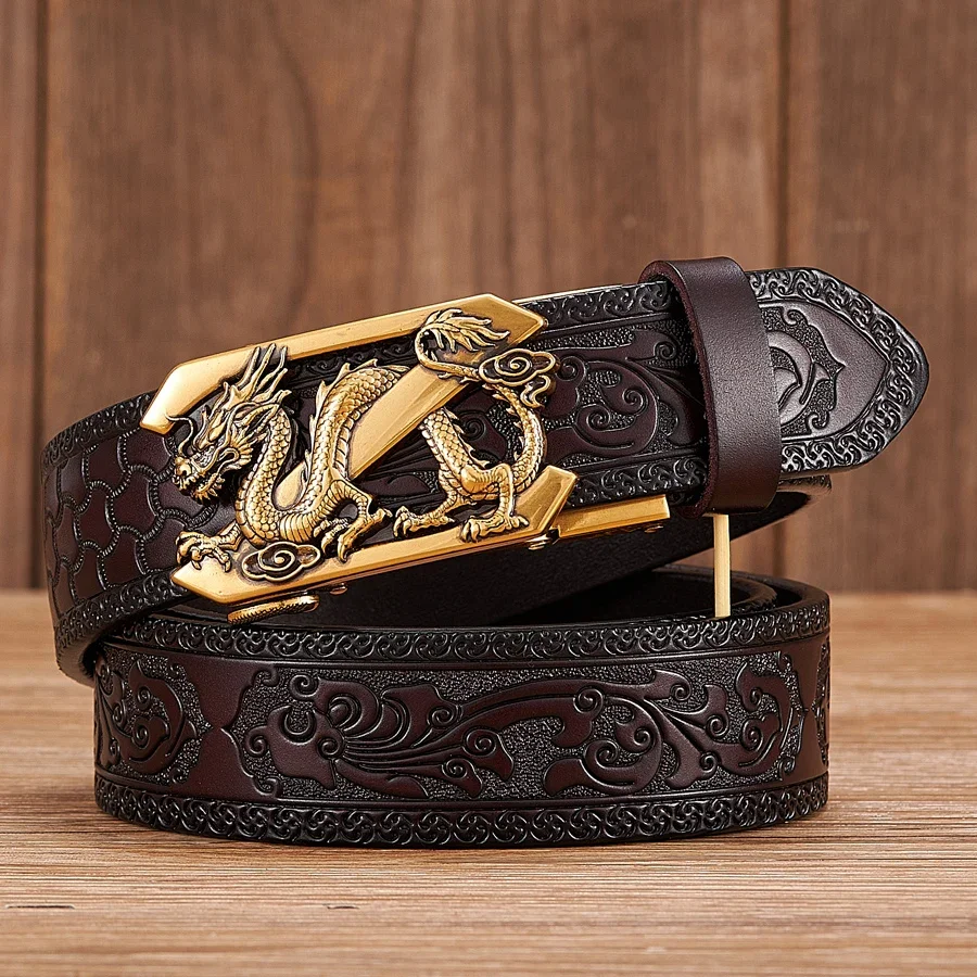 

3.5cm Fashion Embossing Retro Male Belts for Men Business Cowhide Genuine Leather Belt Dragon Pattern Z Automatic Buckle Strap