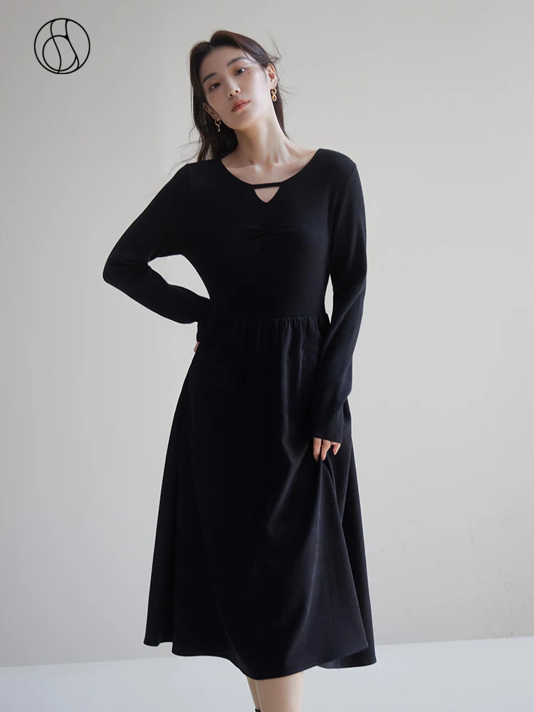 

DUSHU Simple Commuter Needle Shuttle Patchwork Special V-neck Dress for Women Winter Newly Bottoming Skirt Little Black Dress