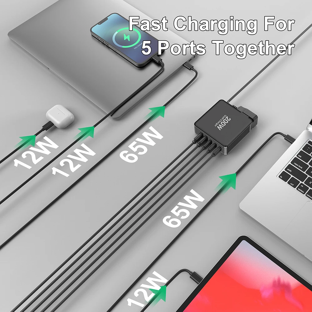Ubigbuy 200W USB C Wall Charger, 5-Port GaN II Fast Charging Station PPS PD 100W 65W Power Adapter for Laptops Tablet SmartPhone
