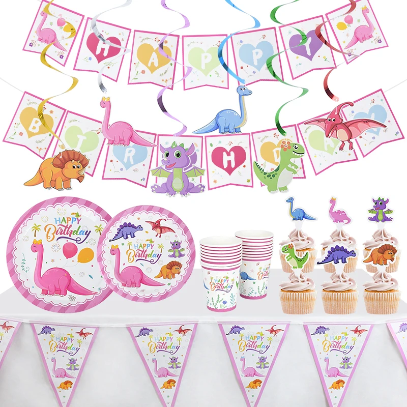 

Pink Dinosaur Party Decoration Disposable Tableware Plates Cups Napkins Cake Topper Banner Pull Flag Birthday Baby Shower Supply