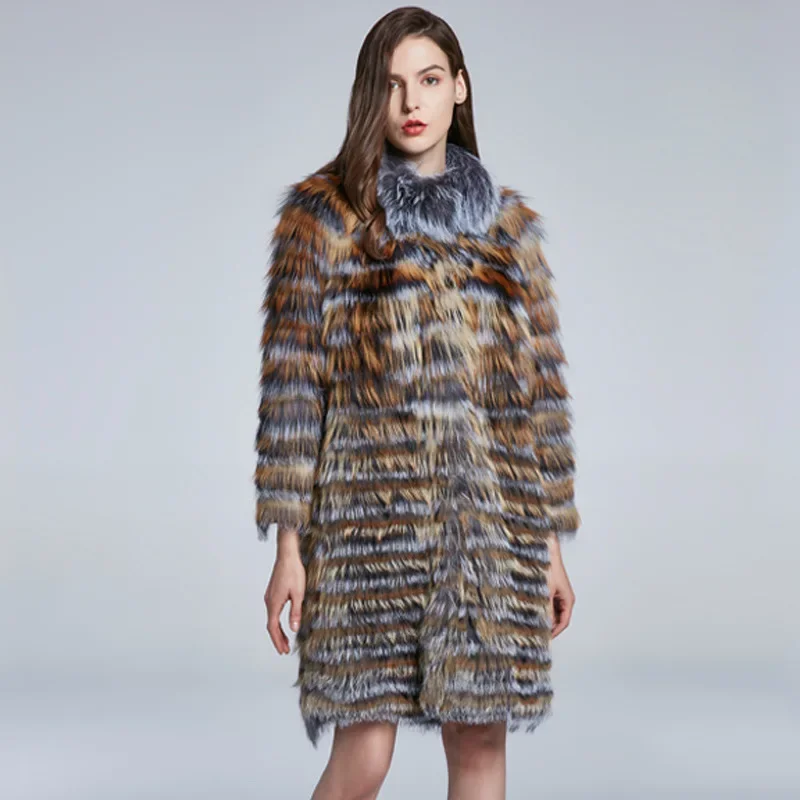 Colorful Fox Fur Grass Coat Long Warm and Slim Coat Women's Autumn and Winter Warm New Style