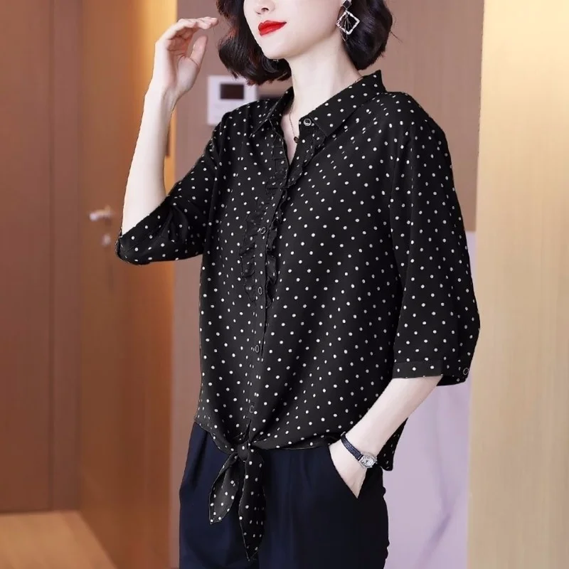 

Middle-aged mother blouse shirt summer 2023 new big chiffon lapel seven-point sleeve polo shirt printing casual blouse tops