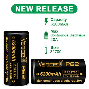 Vapcell 6200mAh P62 IFR32700 Lifepo4 Batteria ricaricabile ad alta potenza 20A 3C 3.2V Max 40A 32700 Batterie al litio