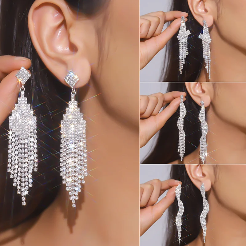 

Multiple Styles Shiny Rhinestone Long Tassel Pendant Earrings Luxury Crystal Drop Dangle Jewelry For Fashion Women's Party