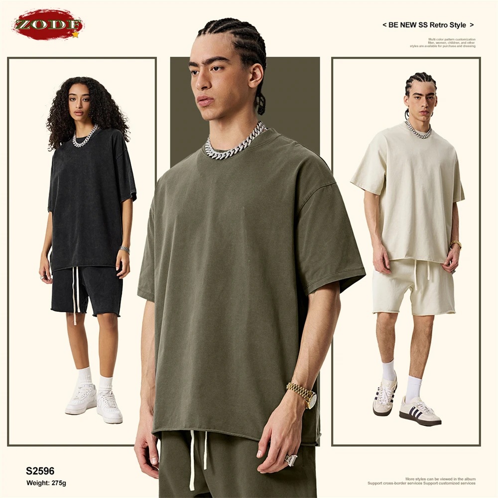 ZODF Retro 2025 Summer Men Washed 275gsm Cotton T-Shirts Unisex Oversized Loose Edge Washed T Shirt Tees Streetwears HY0972 4
