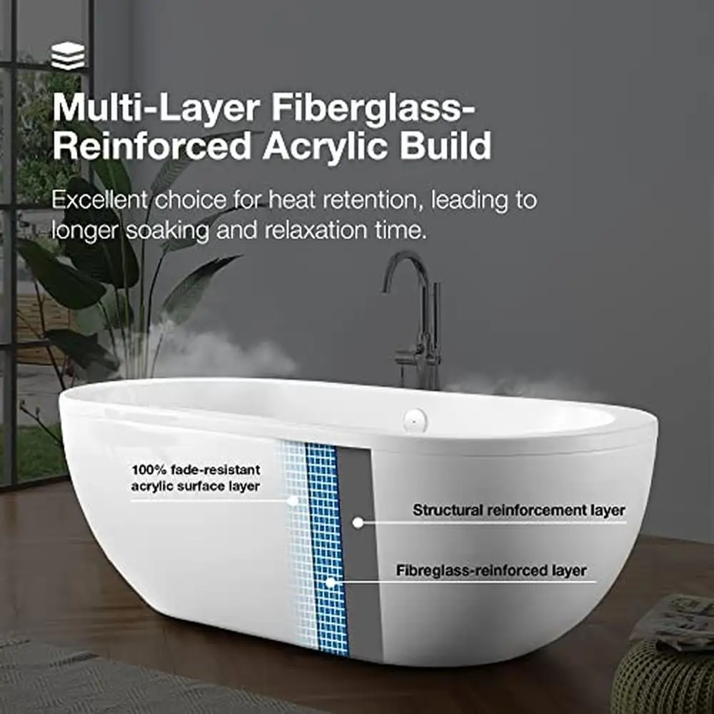 Freestanding Gloss White Acrylic Oval Tub 34"x71" Center Drain Spa-like Relaxation Lightweight & Strong Deck/Wall Mount Faucet 6
