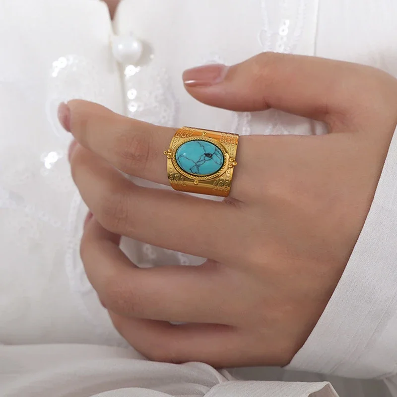 1/2Pcs Turquoise Stone Opal Stone Open Rings For Women Stainless Steel Vintage Gold Color Wide Ring Finger Rings Jewelry Gifts
