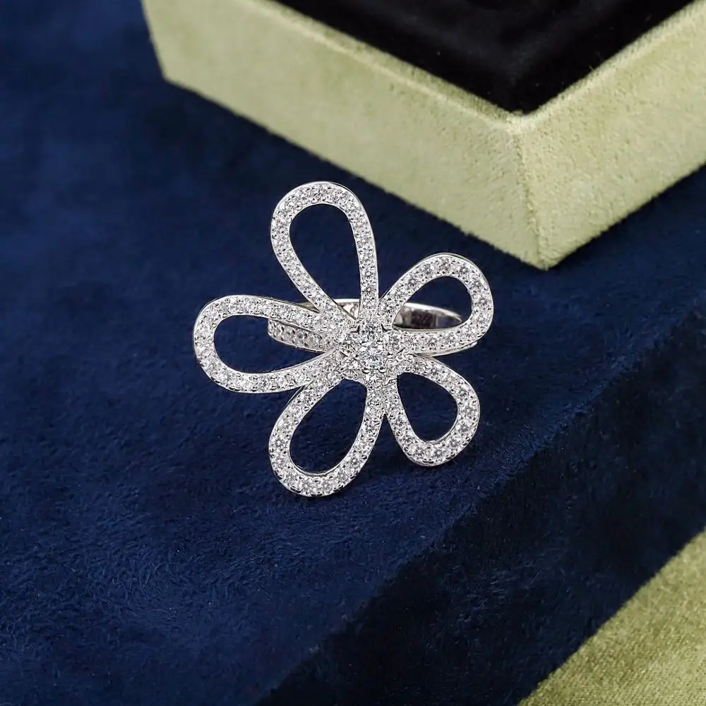 

Pure 925 Sterling Silver Jewelry For Women Camellia Flower Rings CZ Diamond Wedding Jewelry Engagement Rose Clover Lucky Luxury