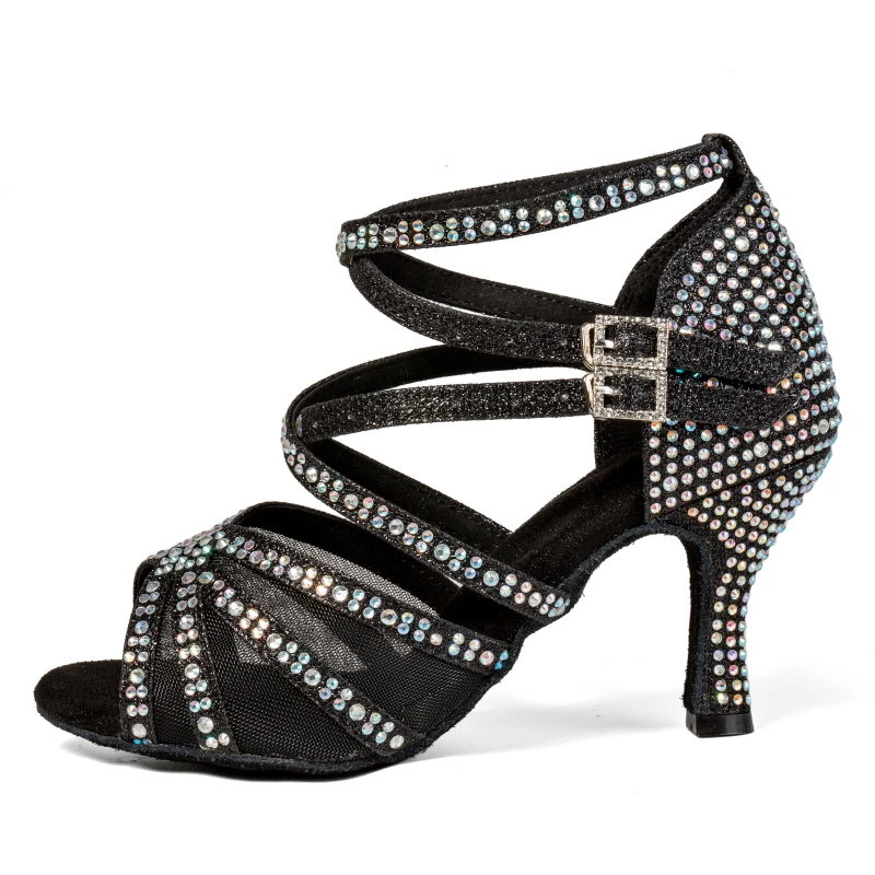 Latin dance shoes 2025 new adult women's mid heel 7.5cm black diamond studded soft soled dance shoes 3