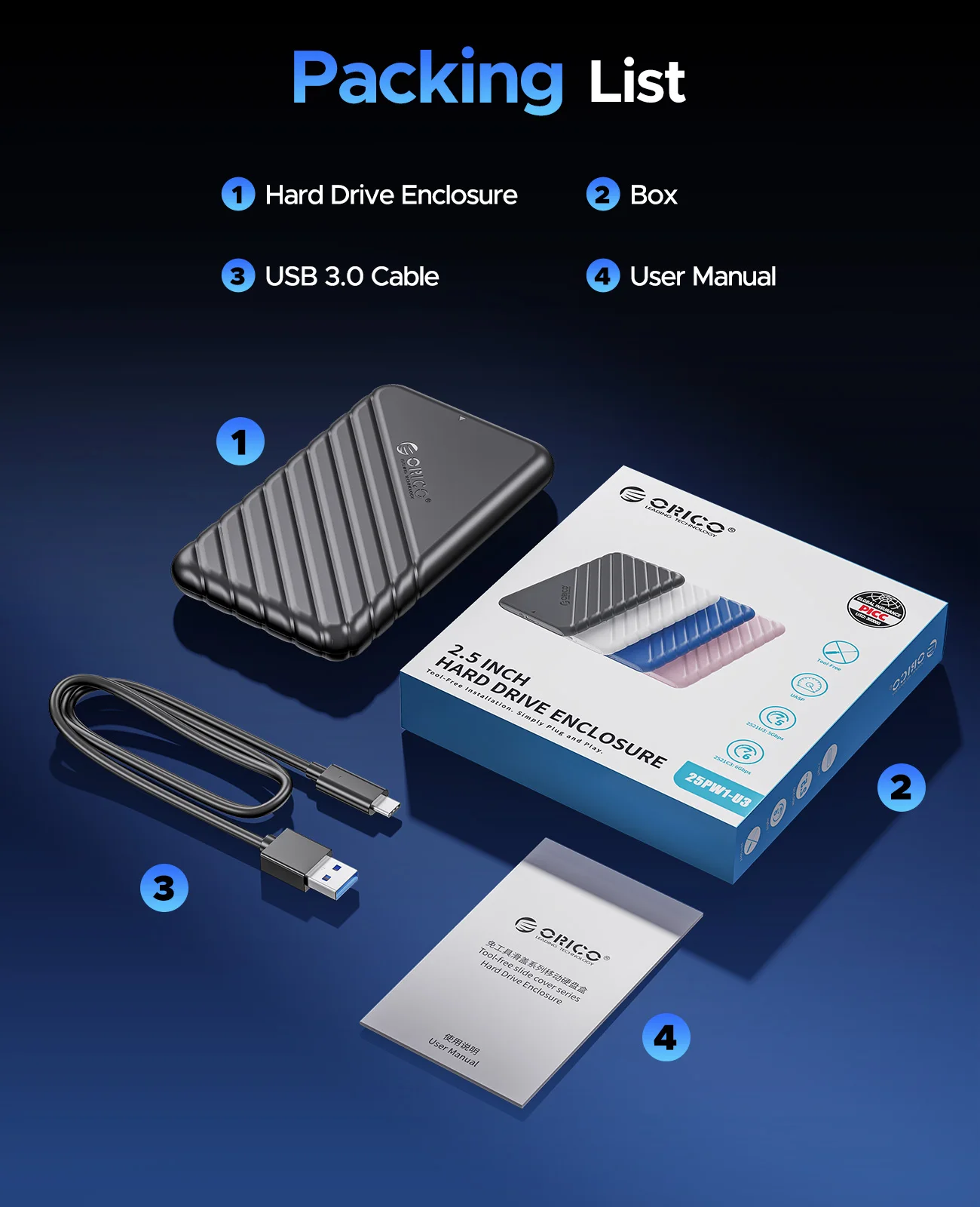 External Hard Drive Case ORICO SATA to USB3.0 2.5 inch Type-C External HDD Case for 7-9.5mm SSD/HDD Support UASP