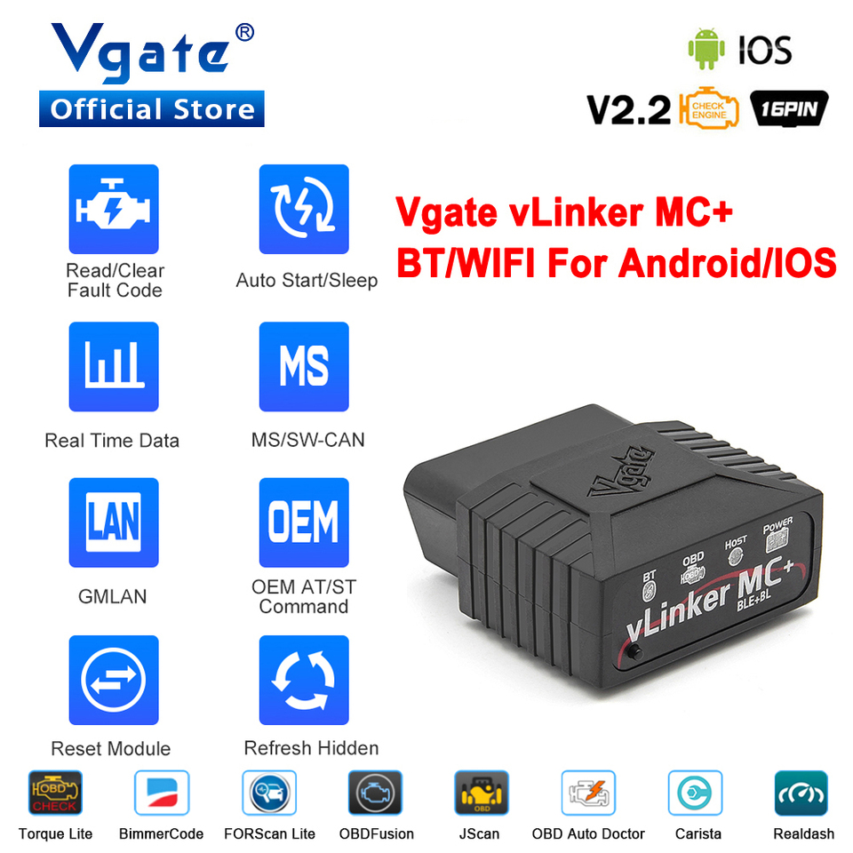 Vgate vLinker MC ELM327 V2.2 Bluetooth 3.0 4.0 OBD2 Scanner OBD 2 BimmerCode FORScan Auto Car Diagnostic tools ELM 327 V1 5