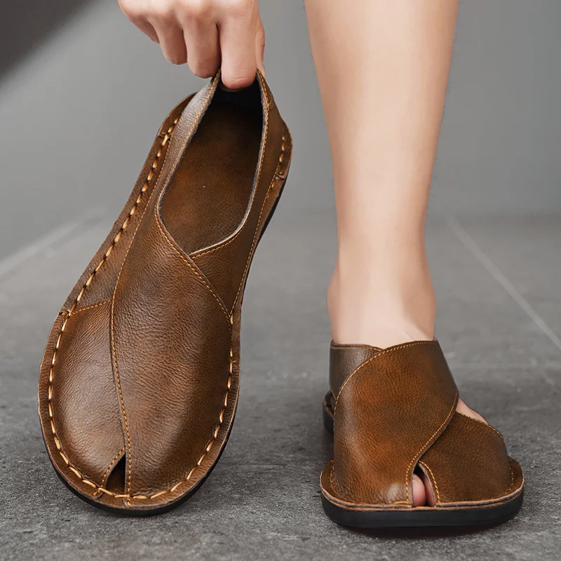 Summer Men's Sandals Handmade Leather Casual Shoes Comfortable Slip-On Beach Shoes Breathable Sandals Loafers Wading Aqua Shoes