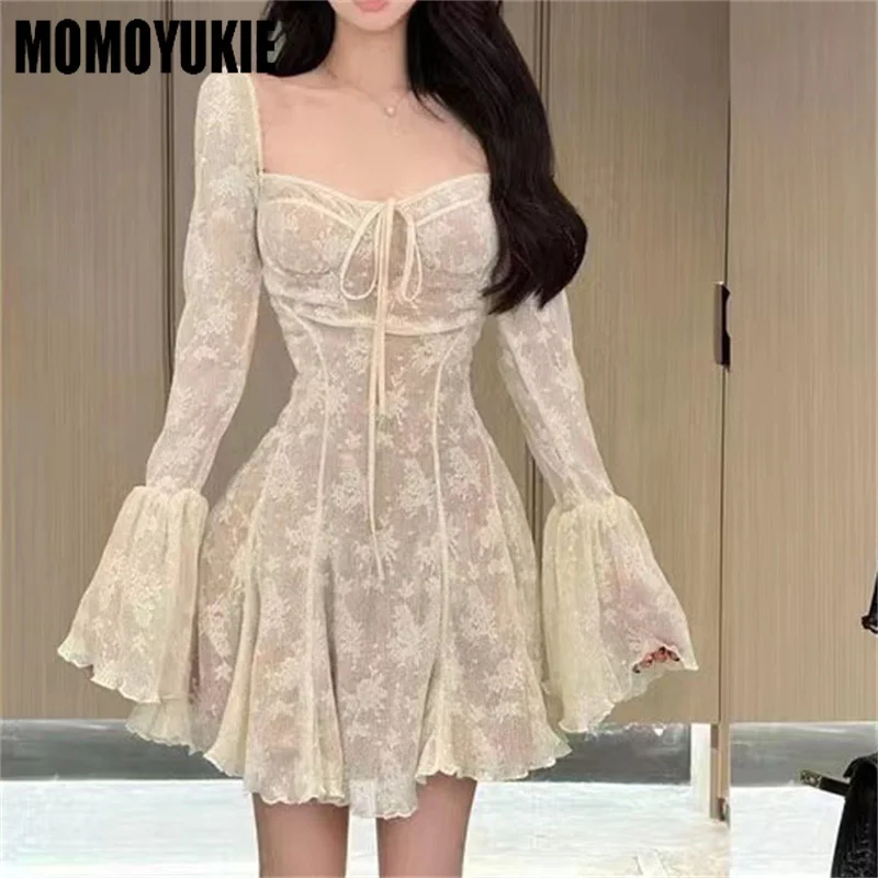 Women Lace Dress 2024 Spring Autumn French Style New Elegant Square Collar Long Sleeve Reduce The Waist Slip Dresses Sexy Skirt 4