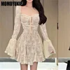 Women Lace Dress 2024 Spring Autumn French Style New Elegant Square Collar Long Sleeve Reduce The Waist Slip Dresses Sexy Skirt 4