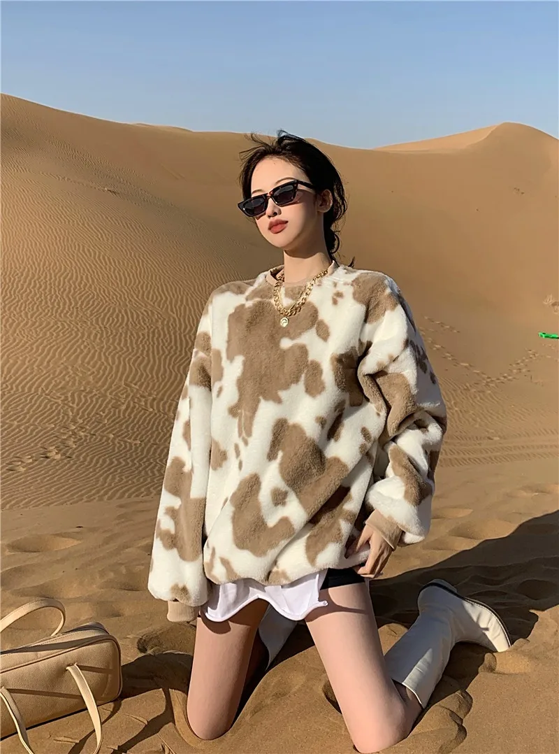 Flannel Pattern Leopard Print Long Sleeve O-Neck Retro Pullover Sweatshirt Graphic Hoodie Ladies Clothes Top Casual Winter