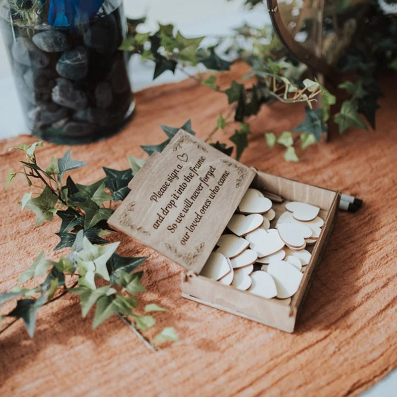 Wooden Sweet Heart-shaped Wedding Guest Book 3D Engraved Transparent Guest Drop Box Welcome Card Decorations