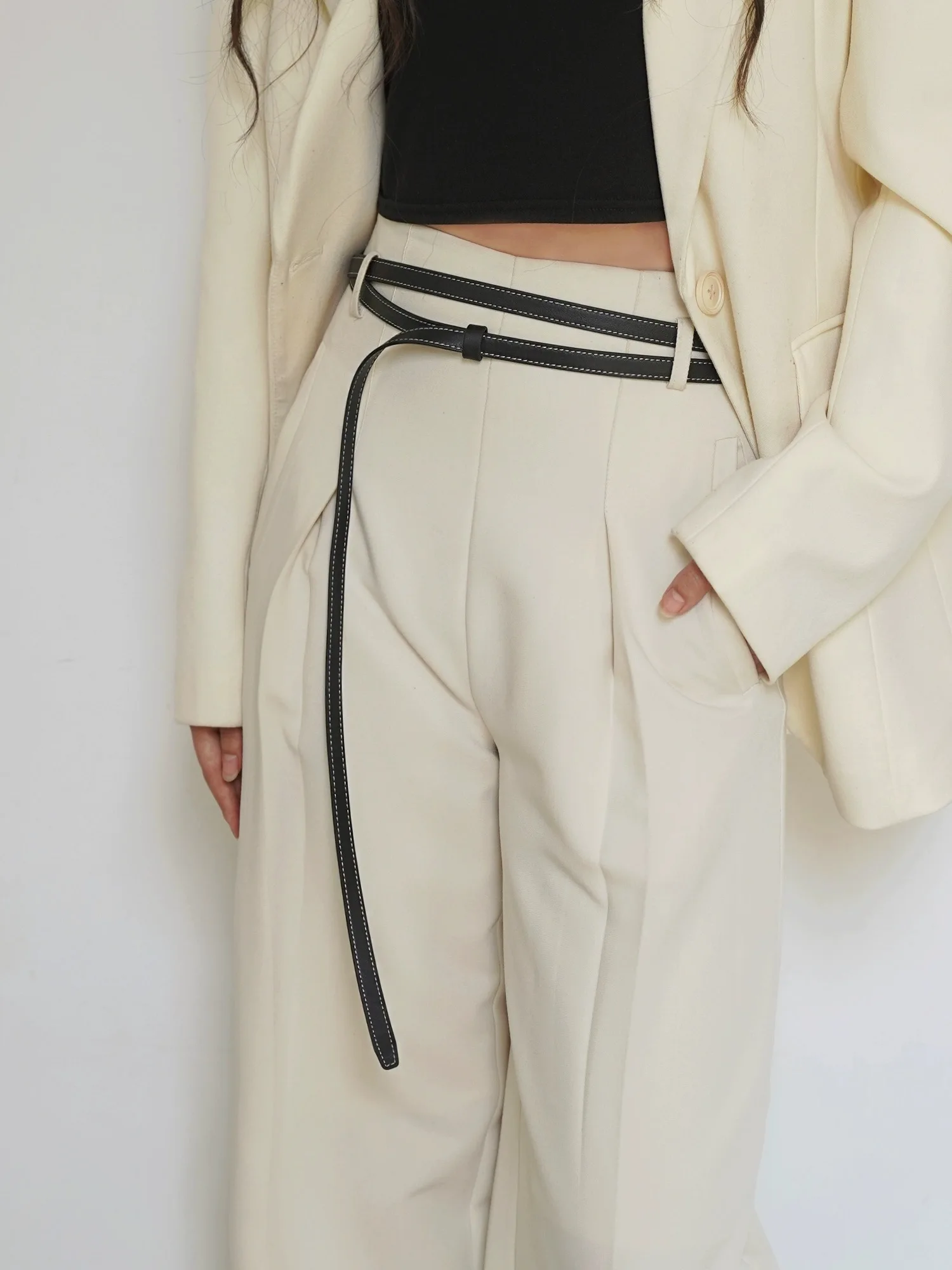 Head Layer Cowhide Thin Belt Women's Double Loop Knotted