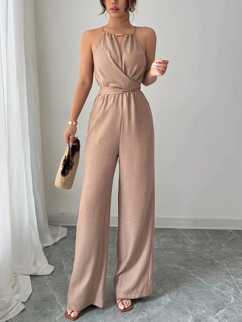 Women's Spring/Summer Casual Pleated Fabric Halterneck Beaded Waist Button and Tie Design Maxi Jumpsuit