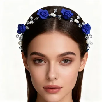 Accessori per Capelli: Fascia Nuziale con Nastro, Fiori di Rosa e Perle, per Feste ed Eventi, per Donna