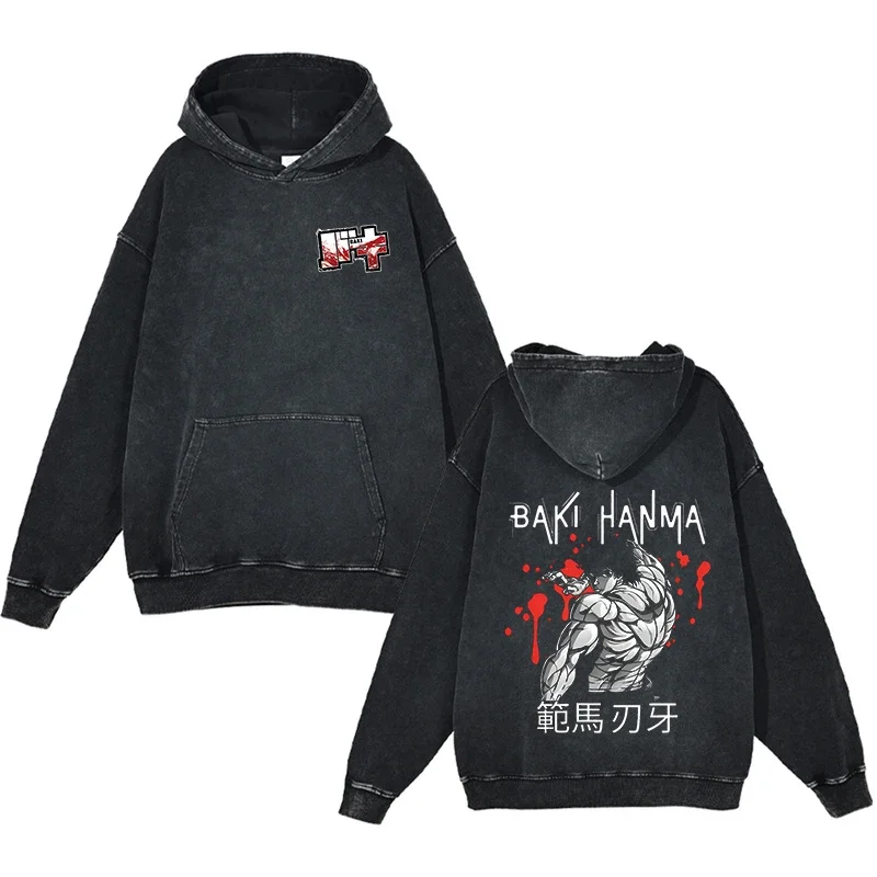 

Anime Baki Hanma Print Hoodies Fashion Casual Washed Cotton Pullovers Tops Casual Loose Long Sleeve Hooded Sweatshirts