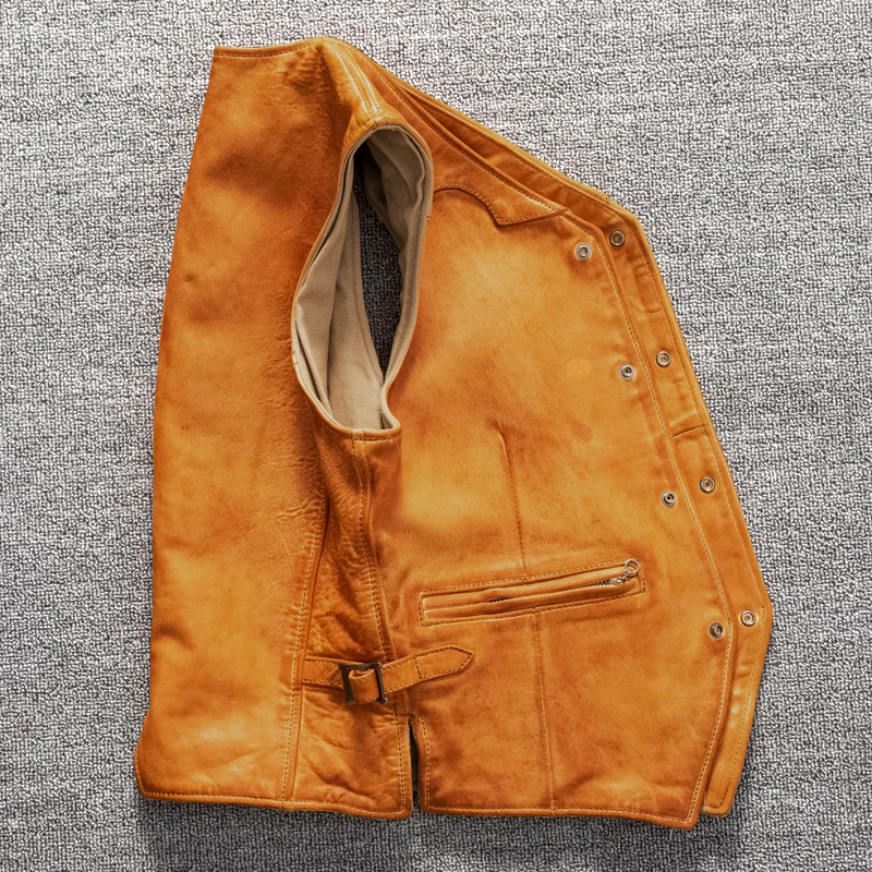 Yellow Spring Leather Vest Men Single Breasted Casual Style Plus Size 5XL Genuine Natural Sheepskin Slim Fit Short Vest 4