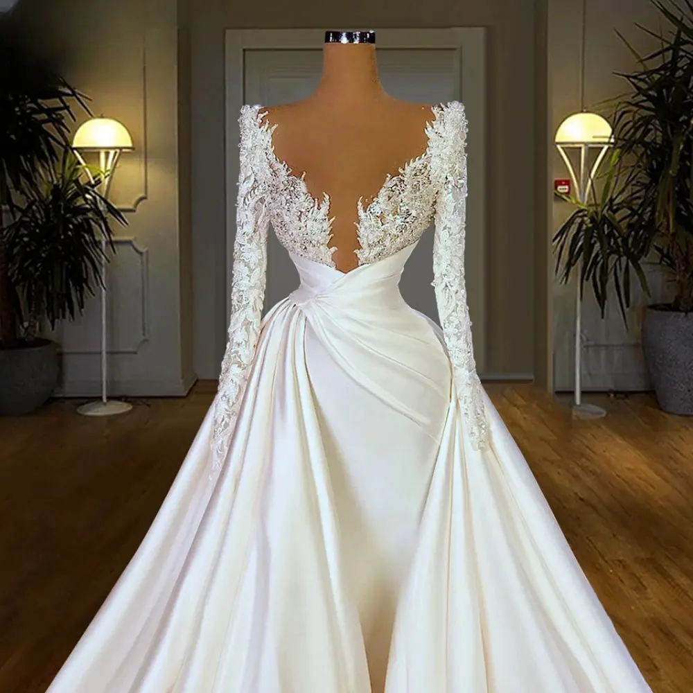 Elegant Deep V Neck Wedding Dresses With Train Lace Long Sleeves Turkish Kaftans Pearls Bridal Gowns Beaded Vestido De Novia