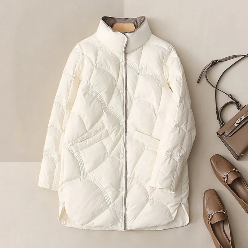 

2023 Winter New Fashion Stand Collar X-Long Women Down Jackets Female Casual Loose Ultra Lightweigh White Duck Down Warm Coat