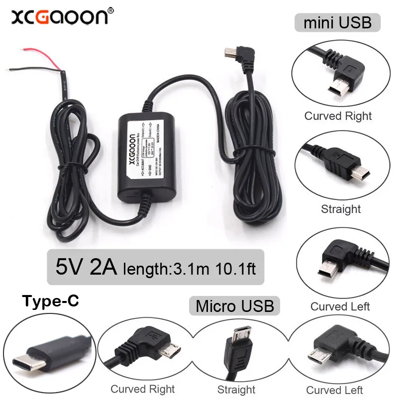 DC 12V כדי 5V 2A 3.1M רכב תשלום כבל מיני/מיקרו/סוג-C USB hardwire כבל אוטומטי טעינה עבור דאש מצלמת וידאו לרכב DVR image_0