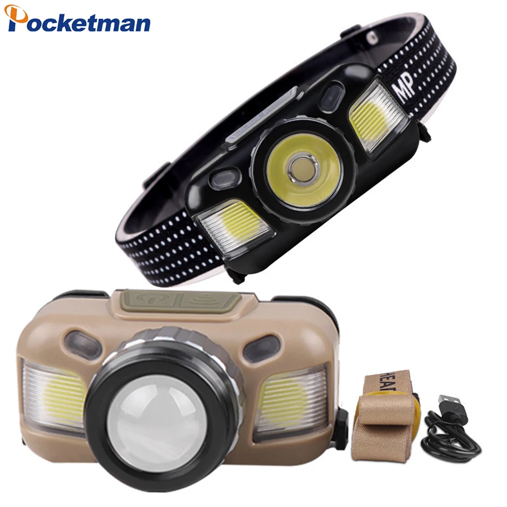 

New XPE+COB LED Headlamp Type-C USB Rechargeable Built-in Battery Zoom Headlight Induction Head Lamp Waterproof Head Flashlight