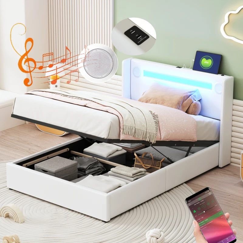 RXMORI Gestoffeerd tweepersoonsbed, 140 x 200 cm, met LED, bed met hydraulische en opbergruimte, hoofdeinde, tienerbed, logeerbed, bedframe met lattenbodem, zonder matras, fluweel (beige A, 140 x 200