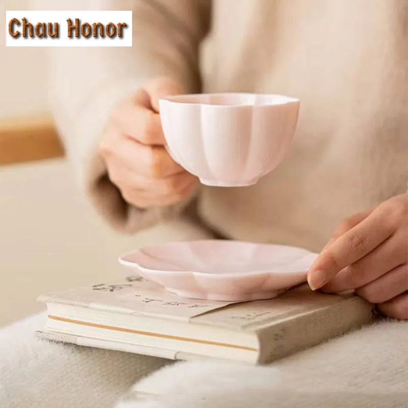 Boutique Jade Mud Cherry Blossom Powder Coffee Mug with Plate Beer Cup Afternoon Tea Mug Cup Saucer Kit Tea Items Decoration
