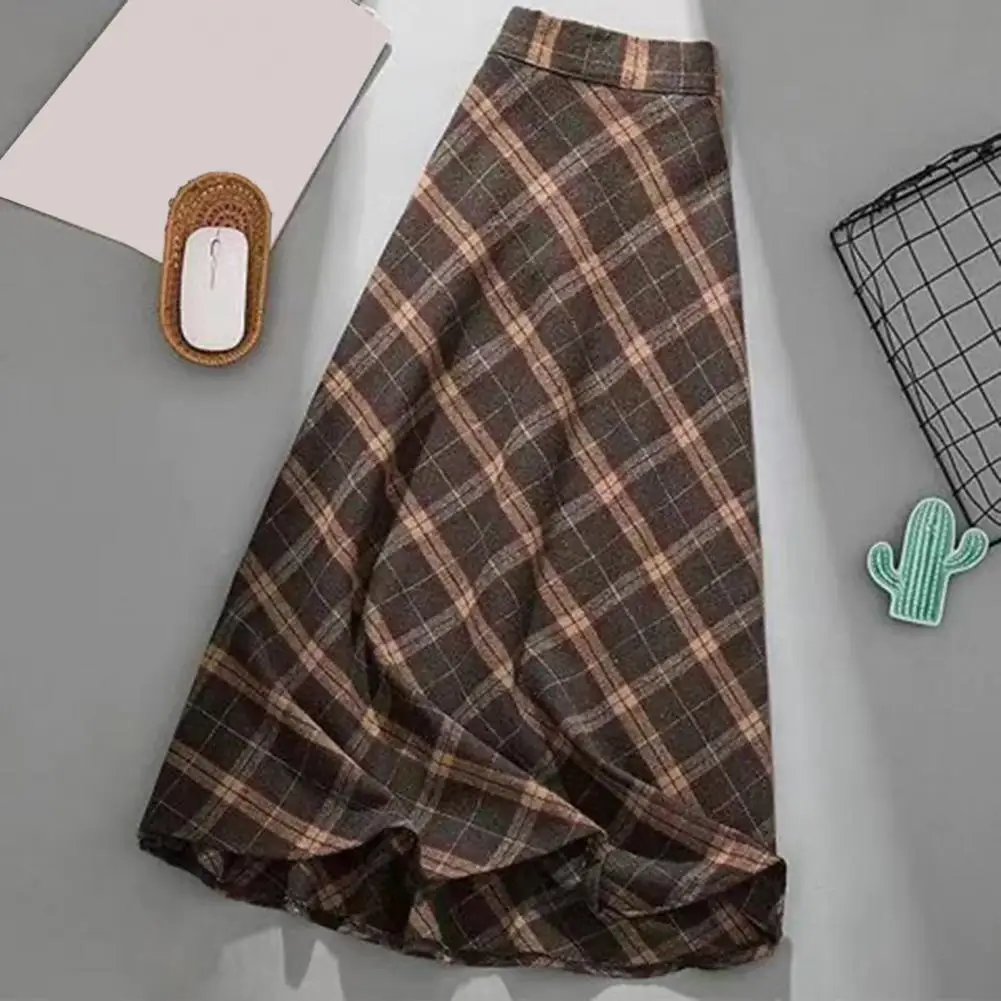 

Plaid A-line Skirt Stylish Plaid Print A-line Midi Skirt for Women High Elastic Waist Warm Soft Fabric Mid-calf Length for Fall