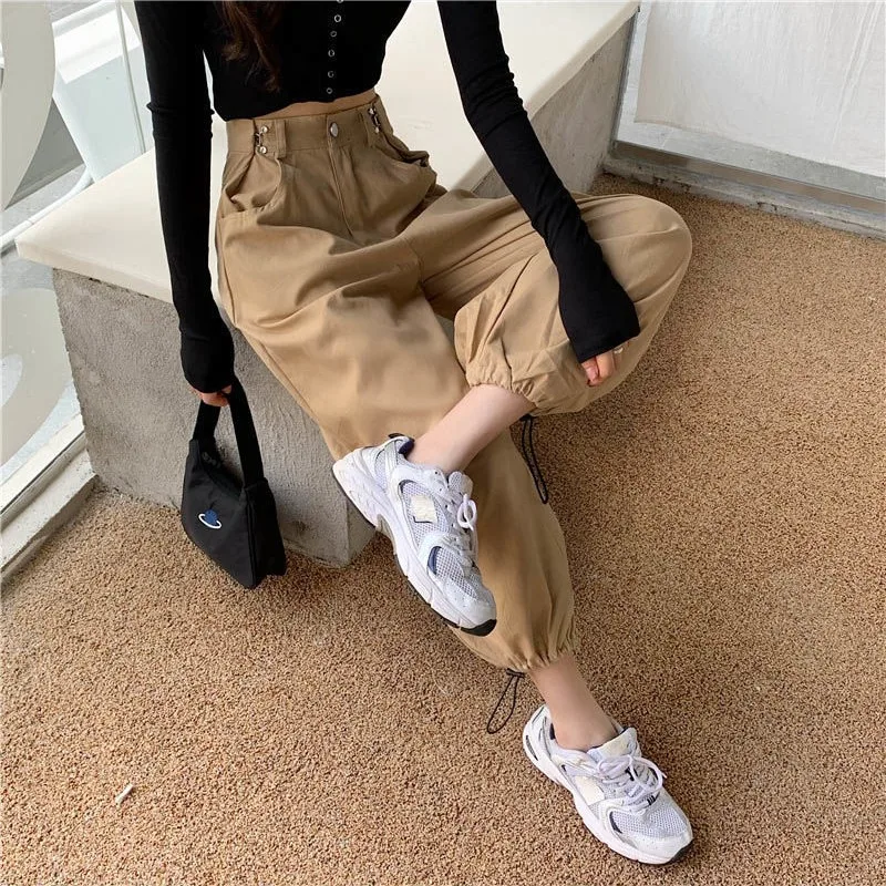 Women's Spring Summer Pockets Solid High Waist Button Zipper Sports Casual Wide Leg Strap Bandage Lantern Trousers Vintage Pants