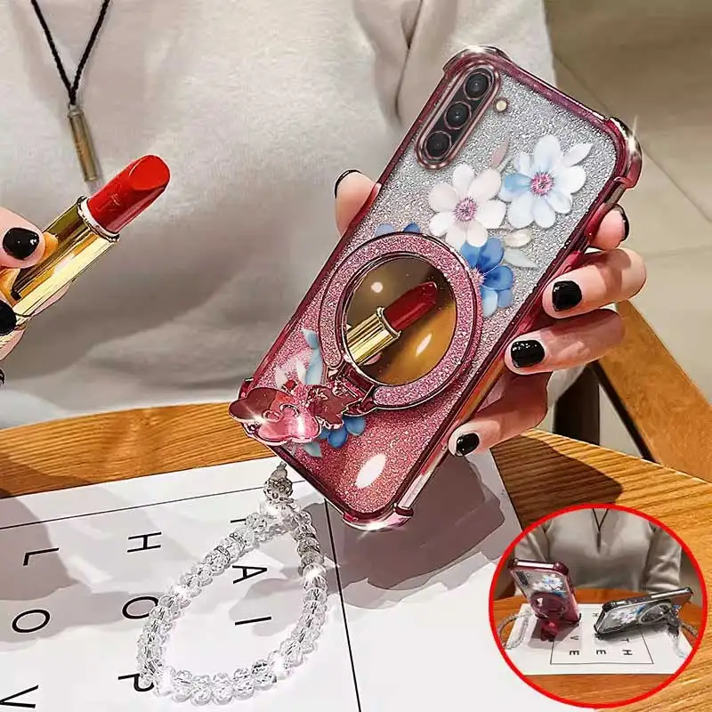 Attractive Flower Phone Case Set with Lanyard and Circular Stand - 3 Piece Set