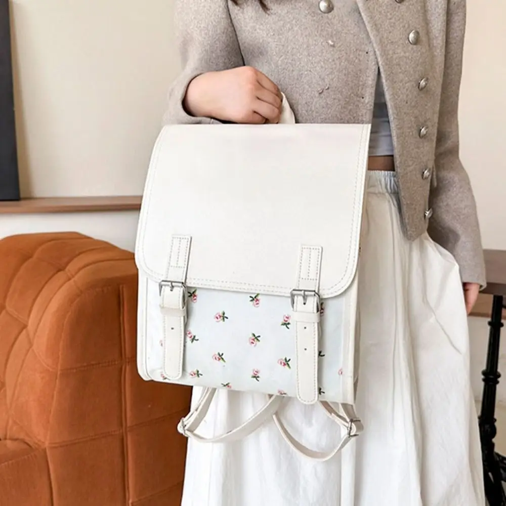 Handbag Fashion Flap Backpack Large-Capacity Aesthetic PU Leather Flip School Bag College Style Square Flower School Bagpack 2