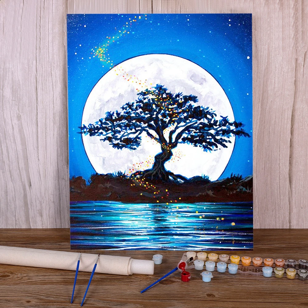 Paint By Number For Adults Beginner Tree And Moon Diy - Temu