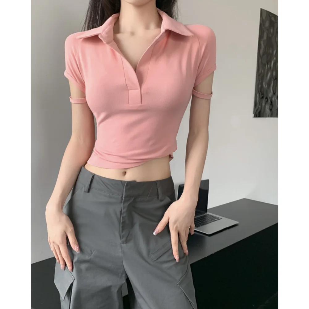 

Vintage Elegant Solid Polo-neck T-shirt Fashion Shirt Casual Chic Top Streetwear Summer Women