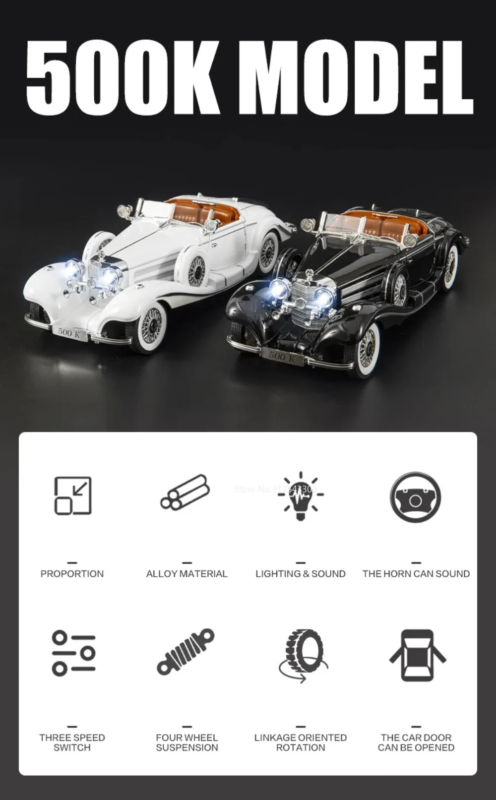 Large Scale 1:18 Benz 500K Classic Car Model Toy Shock Absorption Music Light Doors Opened Retro Vehicle Models Ornaments Gifts
