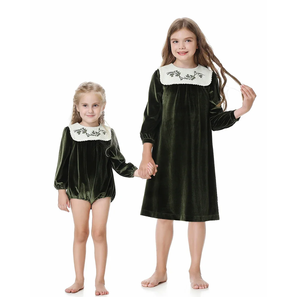 AS Bib Velour Embroidery Girl Dress Baby Romper Elegant Girls Dress Sisiter Clothes Family Matching Cute
