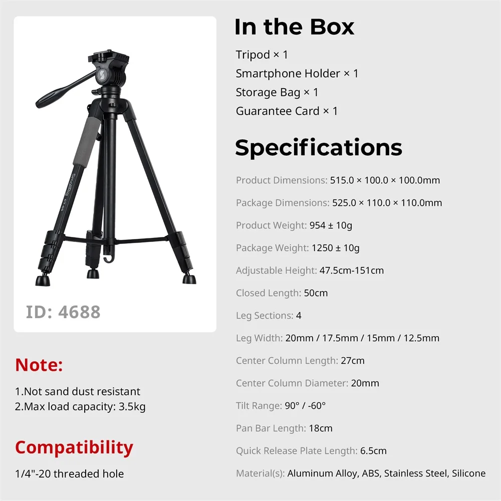 Versatile Lightweight Tripod Adjustable Portable Foldable Tripod for Camera W Sm