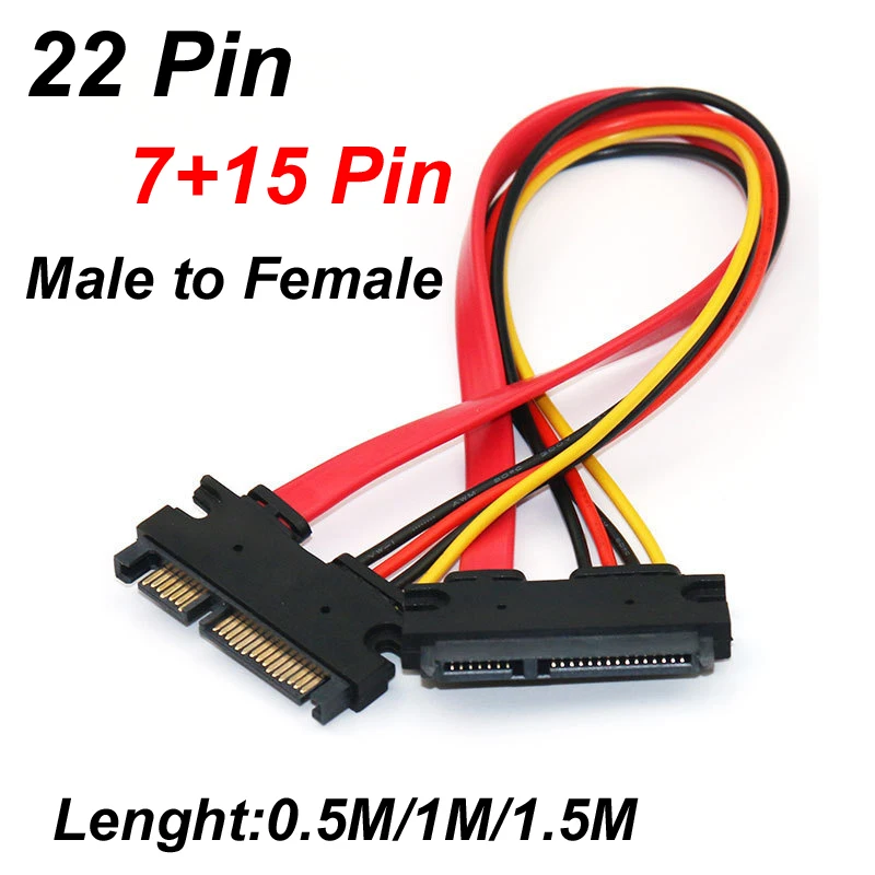 0.5M/1M/1.5M 22 Pin Male To Female Sata Extension Cable SATA 3 III 22 Pin Male to Female   7+15 Pin SATA Data Power Combo