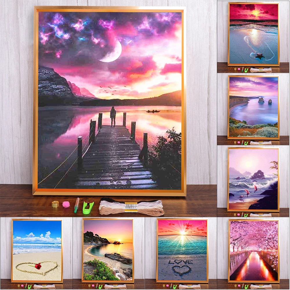 

Meian Sunshine Beach Scenic Painting Cross Stitch Kits 11/14CT Cotton Thread DIY Seaside Bird Embroidery Home Decoration Gift