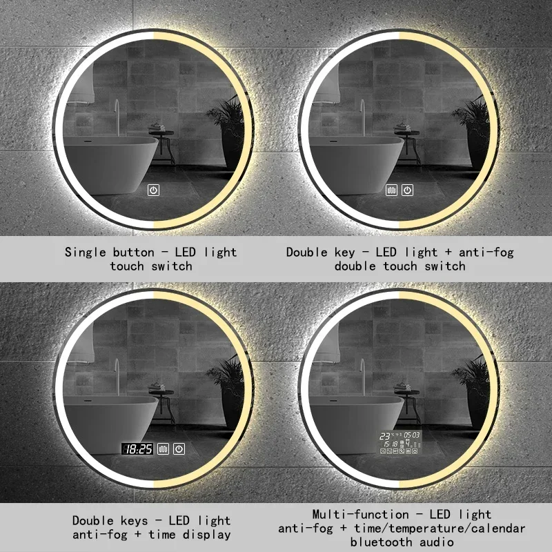 70CM Round Smart Hotel Bedroom Defogging Decorative Mirror 3 Color Adjustable Backlight With LED Bathroom