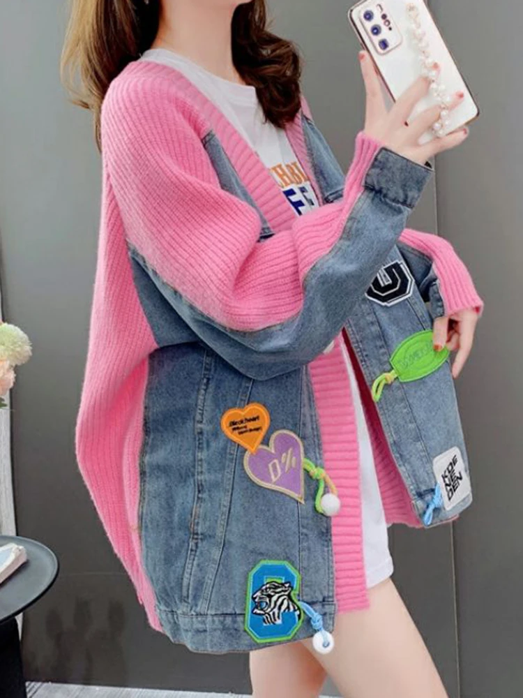 Loose Denim Patchwork Knit Jacket for Women - true deals club