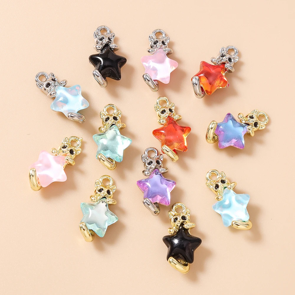 Leslie 5 Stück 10*18mm Niedliche Kawaii Kristall-Stern-Katzen-Anhänger für DIY Ohrringe Halskette Armband Schmuckherstellung Zubehör