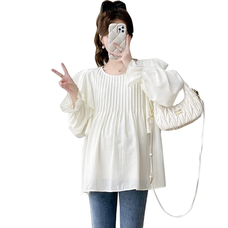 Spring Summer Long Sleeve Blouses for Maternity Sweet Ruffle A Line Tunic 24SS Y2k Pregnancy Tops