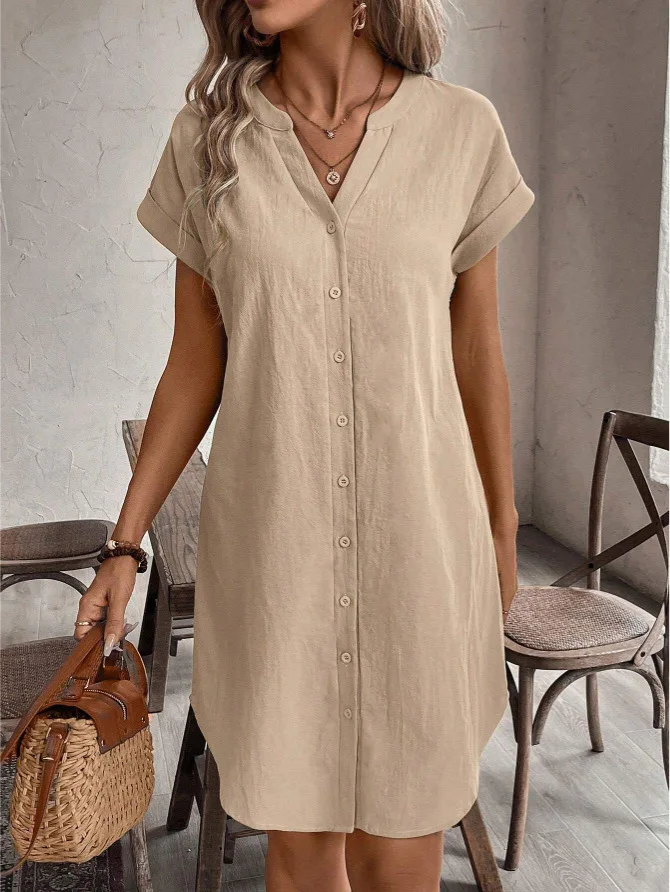Women Casual Blouse Dress Simple V Neck Button Linen Dress Pockets Loose Large Size Shirt Dress Plus Size Womens Dresses 6