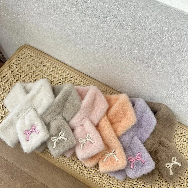 Embroidered Bow Baby Plush Scarf Winter Warm Children Neckerchiefs Korean Kids Cross Neck Covers Sweet Girl Fur Collars