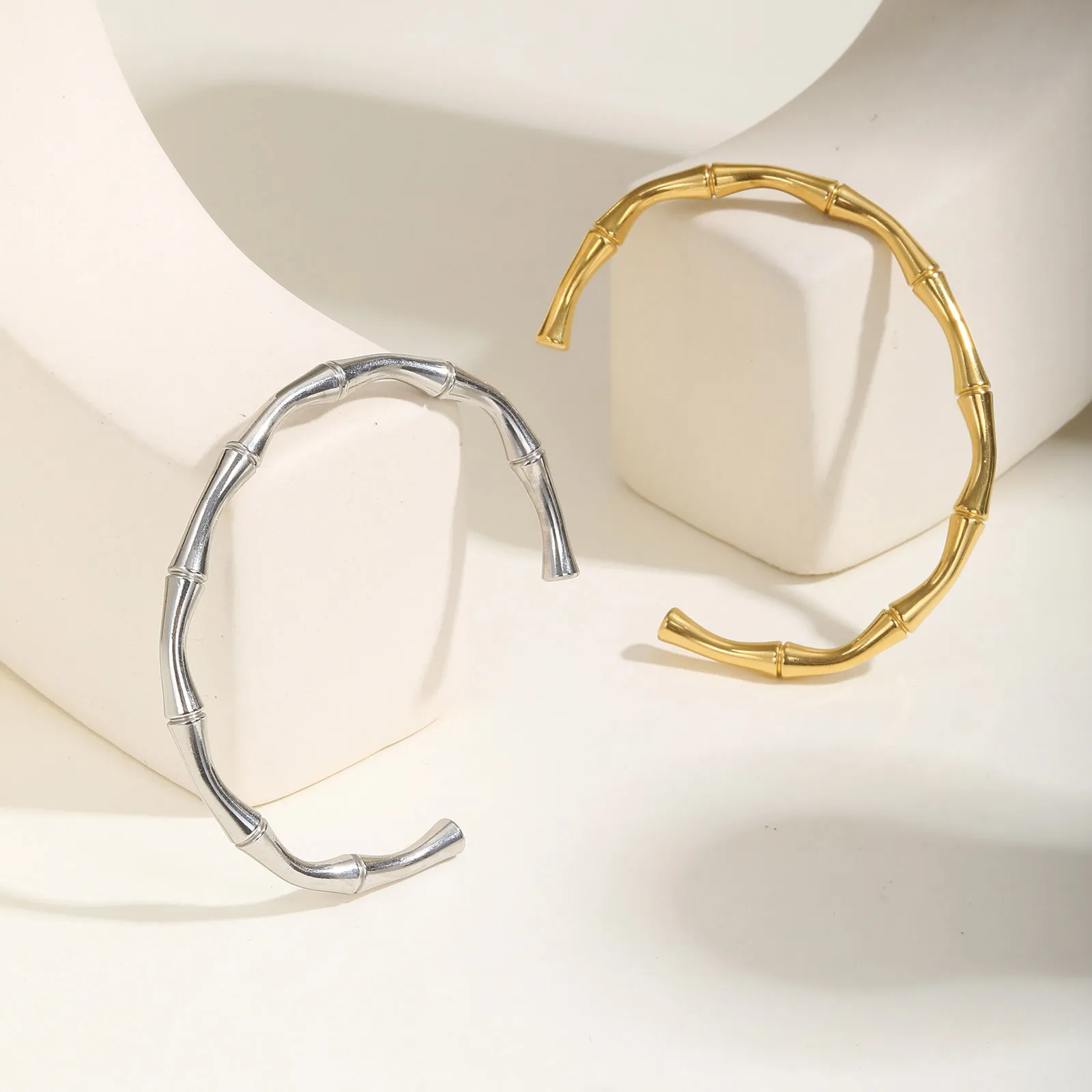 Prjewel Wear-resistant Stainless Steel Bracelet For Women Gold Color Waterproof Bamboo Knot Open Bracelet For Girls Party Gifts 5